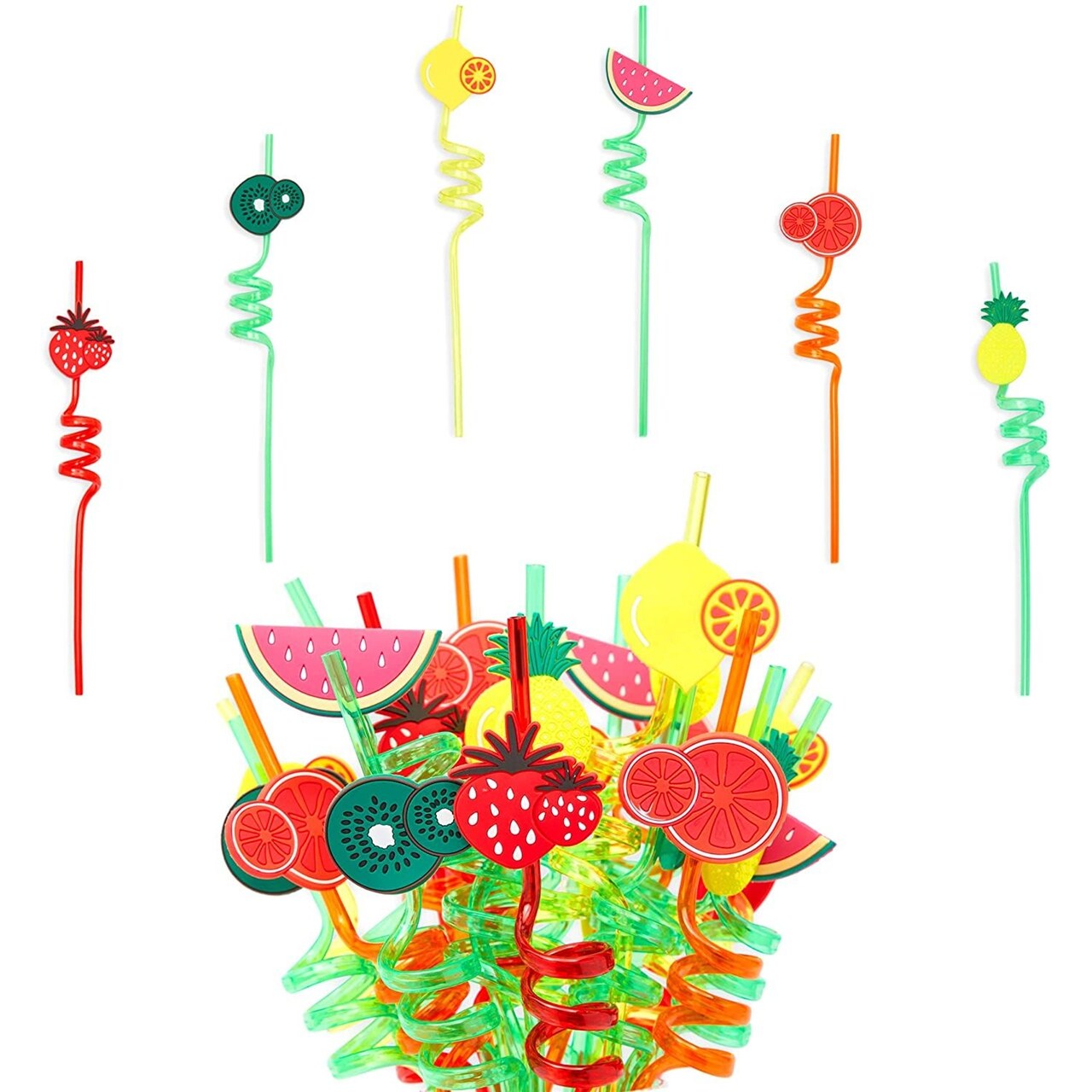 24 Pcs Reusable Tropical Plastic Drinking Straws with Fruit Charms for Home Summer Party, 6 Designs, 10.7 in